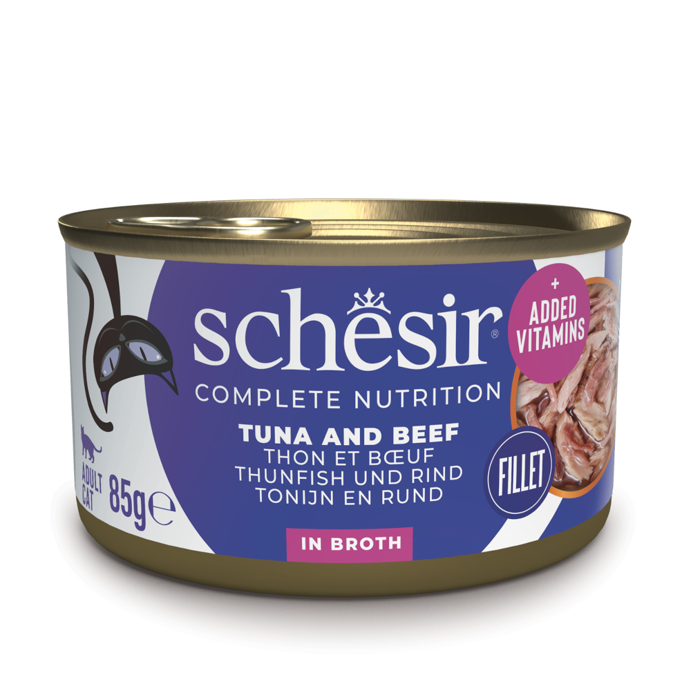 Schesir Complete Nutrition Fillet ve vývaru 24 x 85 g - tuňák s hovězím