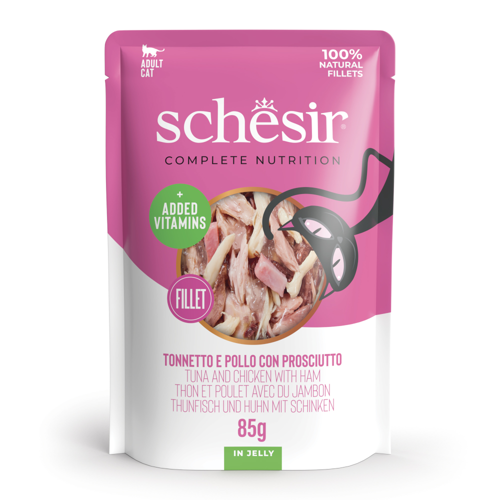 Schesir Complete Nutrition Fillet v želé 24 x 85 g - výhodné balení - tuňák a kuřecí se šunkou