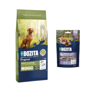 12 kg Bozita Original + 2 x 70 g Meaty Bites jelen a kachnou zdarma - Adult Flavour Plus se sobím - bez pšenice -