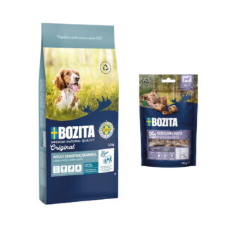 12 kg Bozita Original + 2 x 70 g Meaty Bites jelen a kachnou zdarma - Sensitive Digestion jehněčí & rýže - bez pšenice