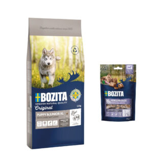 12 kg Bozita Original + 2 x 70 g Meaty Bites jelen a kachnou zdarma - Original  Puppy & Junior XL s jehněčím – bez pšenice