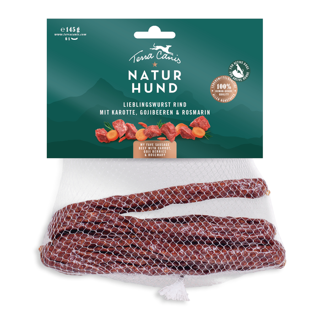 Terra Canis Naturhund klobásky - Výhodné balení: Hovězí s mrkví (3 x 145 g)