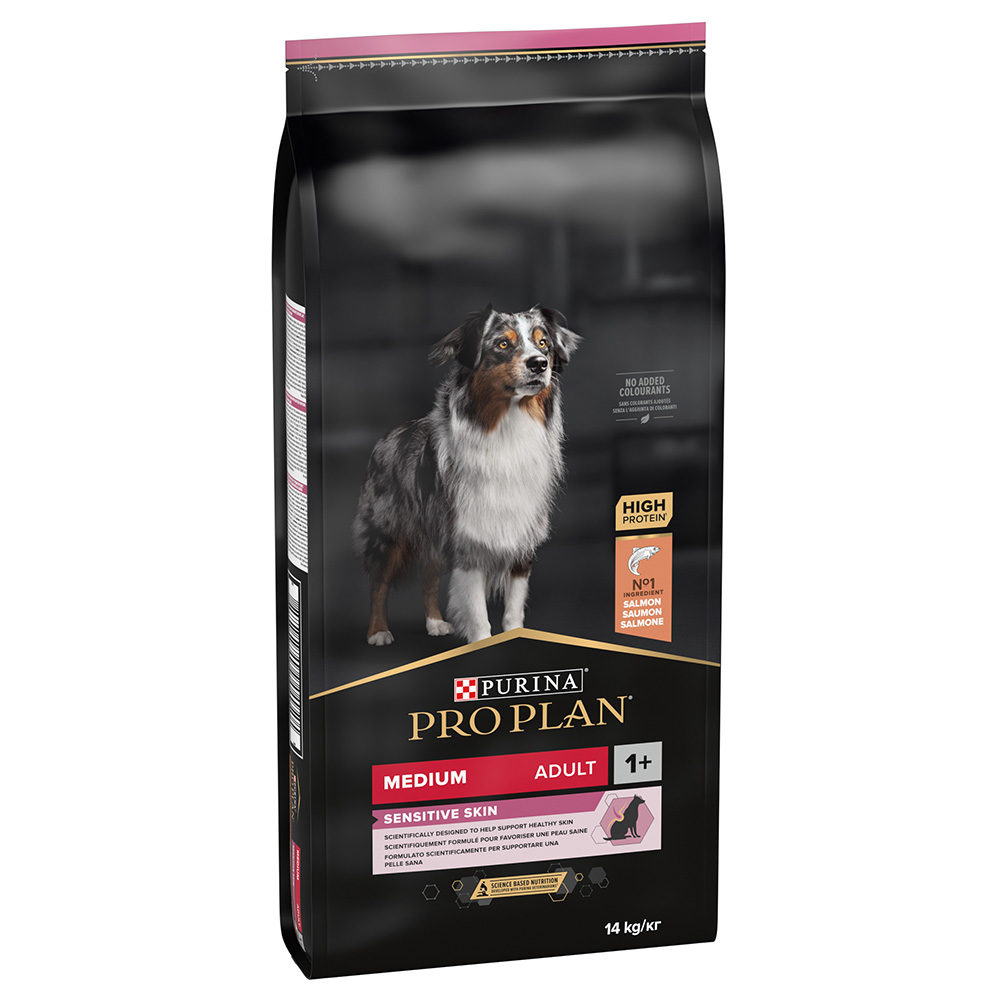 Výhodná balení PURINA PRO PLAN - Medium Adult Sensitive Skin OptiDerma losos s rýží (2 x 14 kg)