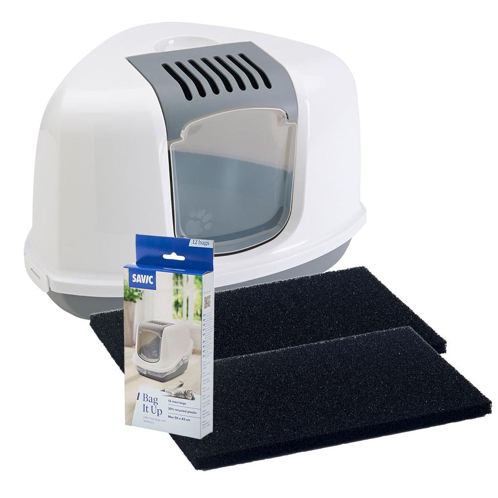 Toaleta pro kočky Savic Nestor Corner - Výhodná sada: Toaleta Savic Nestor Corner šedá/bílá + 2 x náhradní uhlíkový filtr + 12 ks Bag it up