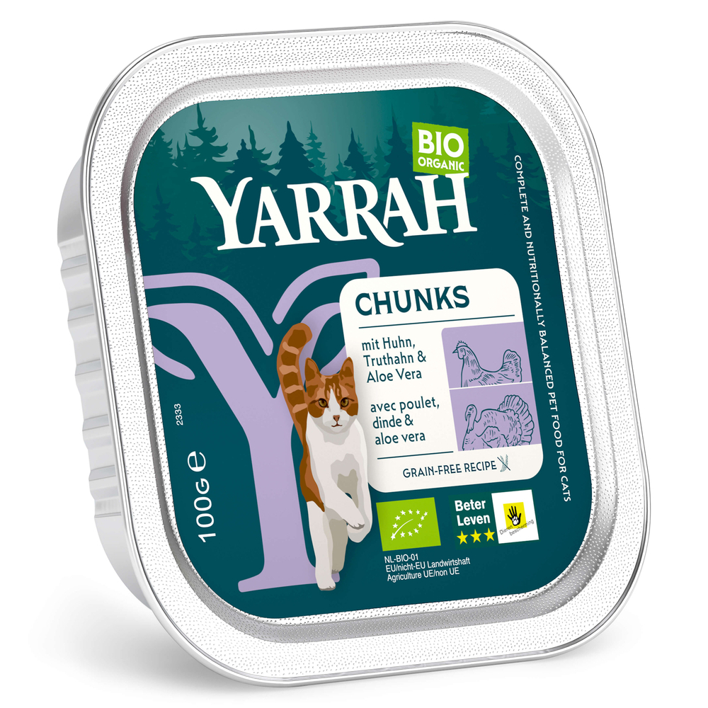 Yarrah Bio kousky v omáčce 24 x 100 g - bio kuře & bio krůta s bio aloe vera