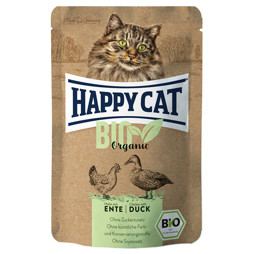 Výhodné balení Happy Cat Bio Pouch 24 × 85 g - bio kuřecí a bio kachní