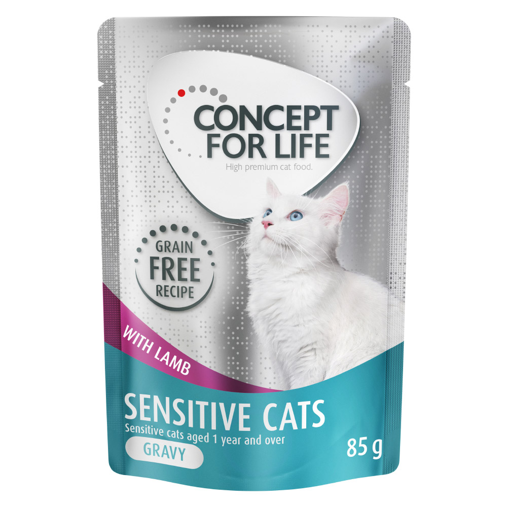 Výhodné balení Concept for Life bez obilovin 48 x 85 g - Senstive Cats jehněčí - v omáčce