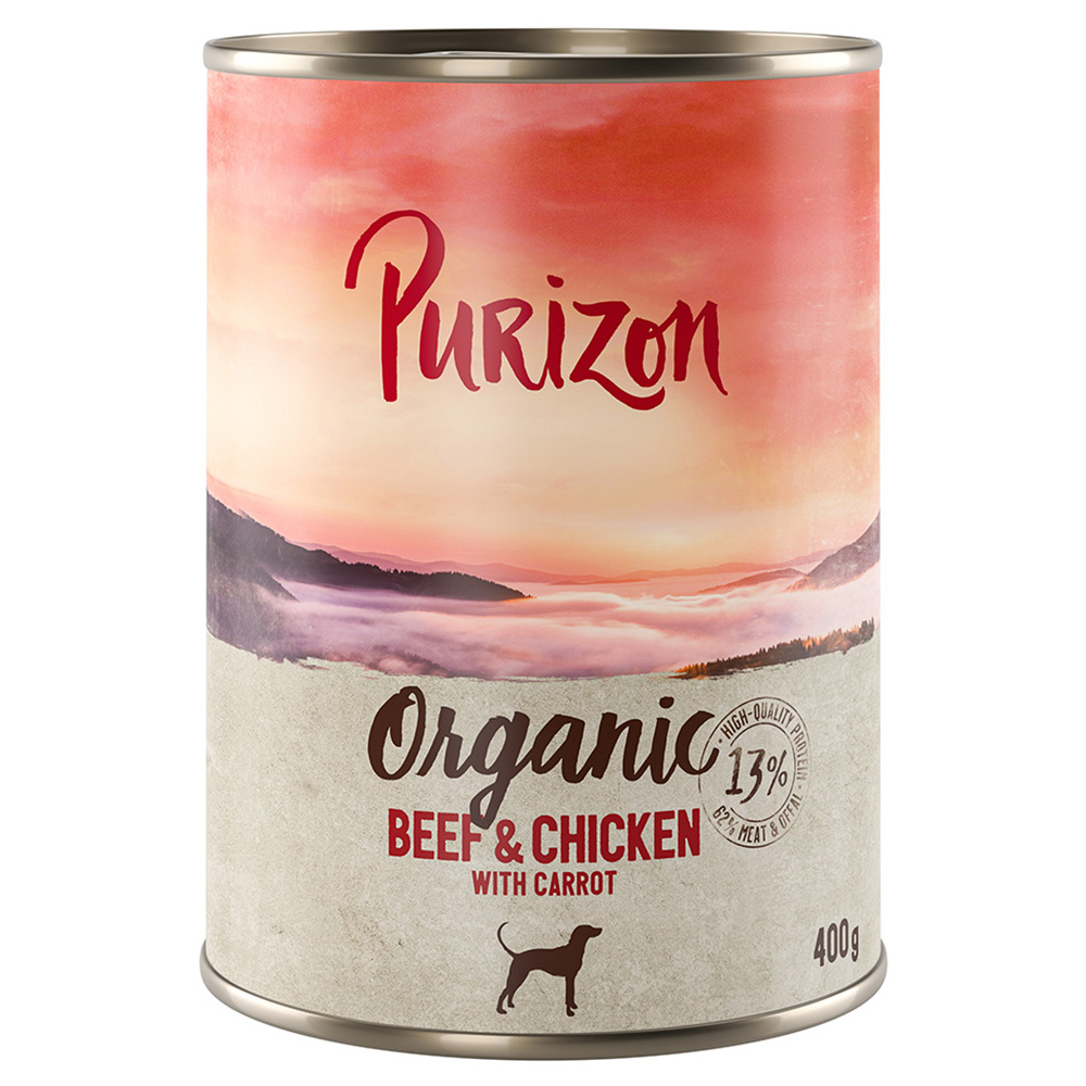 Purizon Organic výhodné balení 12 x 400 g - hovězí a kuřecí s mrkví