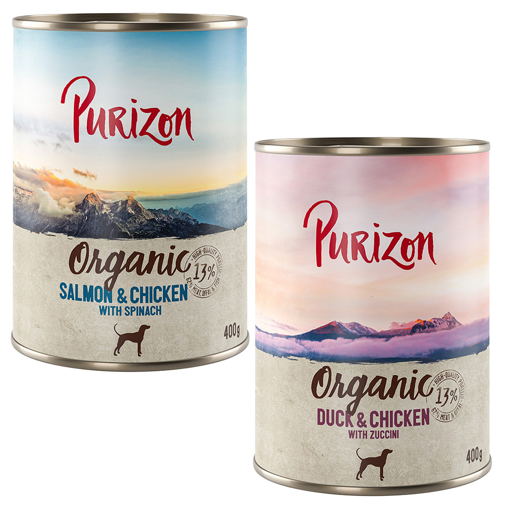 Purizon Organic výhodné balení 12 x 400 g - míchané balení: 6 x kachna s kuřecím