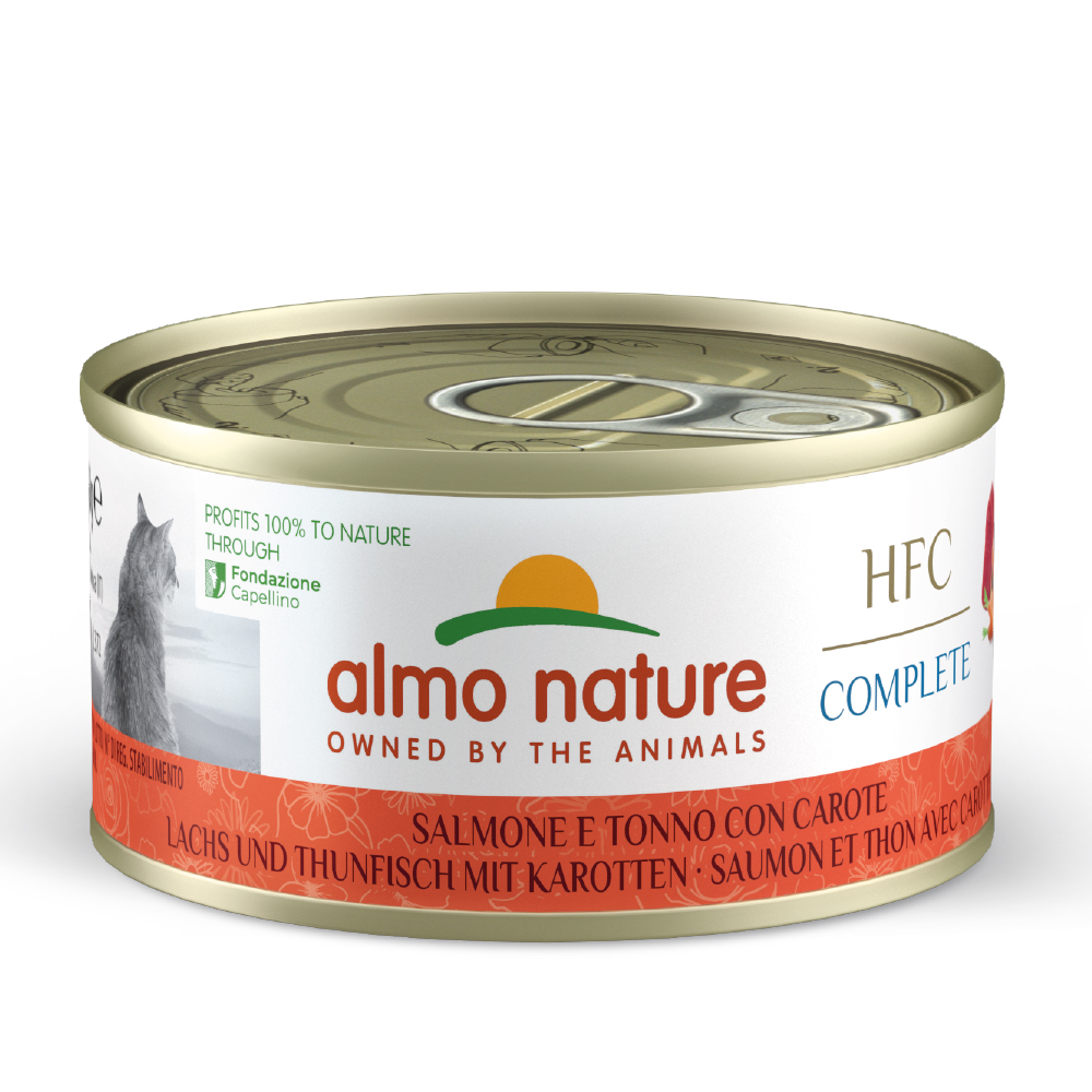 Výhodné balení Almo Nature HFC Complete 24 x 70 g - losos a tuňák s mrkví