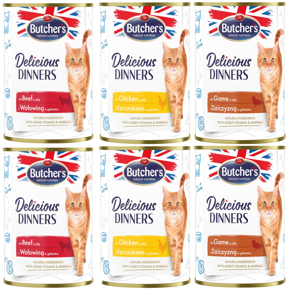 Butcher's Delicious Dinners pro kočky 24 ks (24 × 400 g) - Míchané balení (3 druhy)