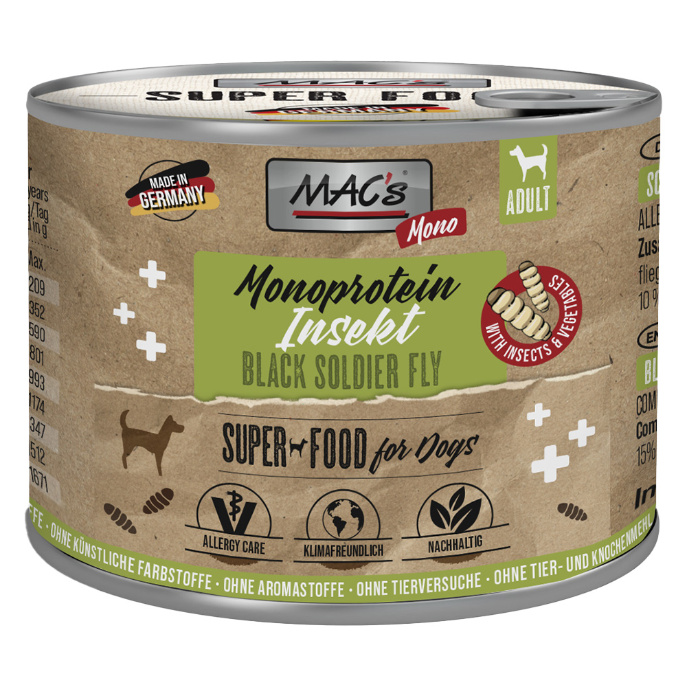 Výhodné balení MAC's Monoprotein Insects & Superfood 24 ks (24 x 180 g) - černé mouchy (Hermetia illucens)