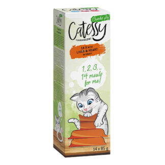 Výhodné balení Catessy kousky v omáčce 56 mističek (56 x 85 g) - s játry a srdcem