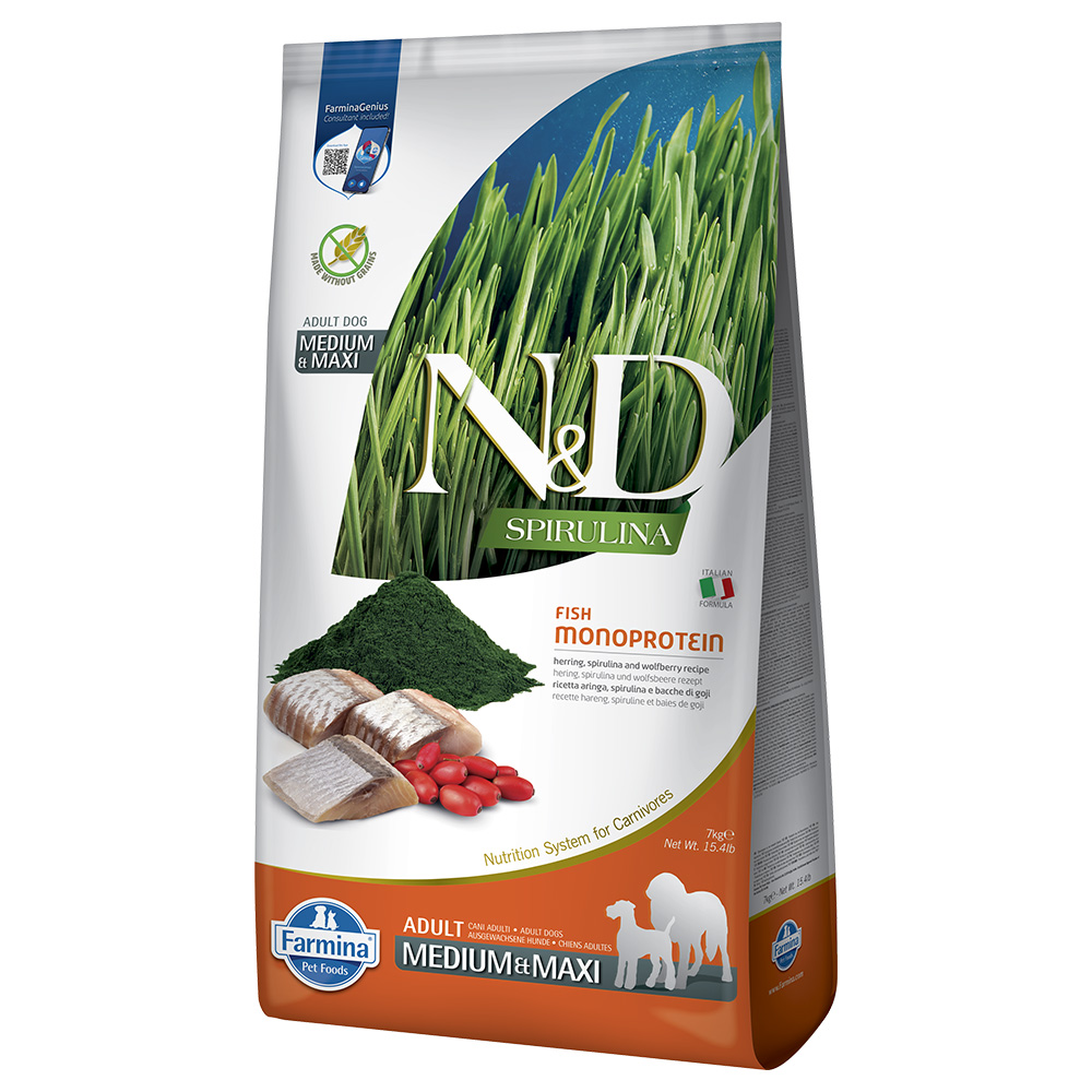 N&D Dog Spirulina Adult Medium/Maxi se sleděm - výhodné balení: 2 x 7 kg