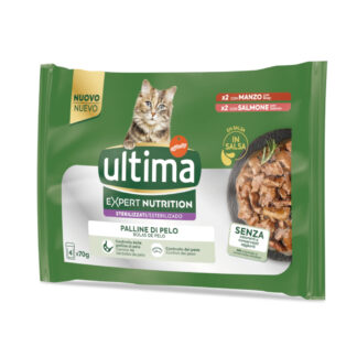 Ultima Cat Expert Nutrition Hairball hovězí a losos - výhodné balení: 48 ks (48 x 70 g)