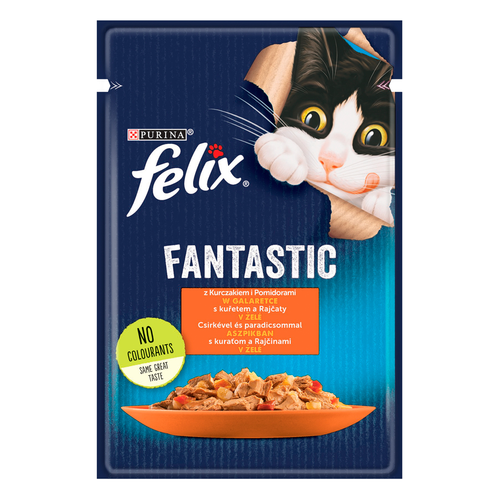 Výhodné balení Felix Fantastic Pouches 52 kapsiček (52 x 85 g) - kuřecí a rajčata