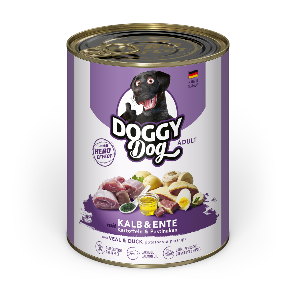 Výhodné balení Doggy Dog Adult 24 ks (24 x 800 g) - telecí a kachna