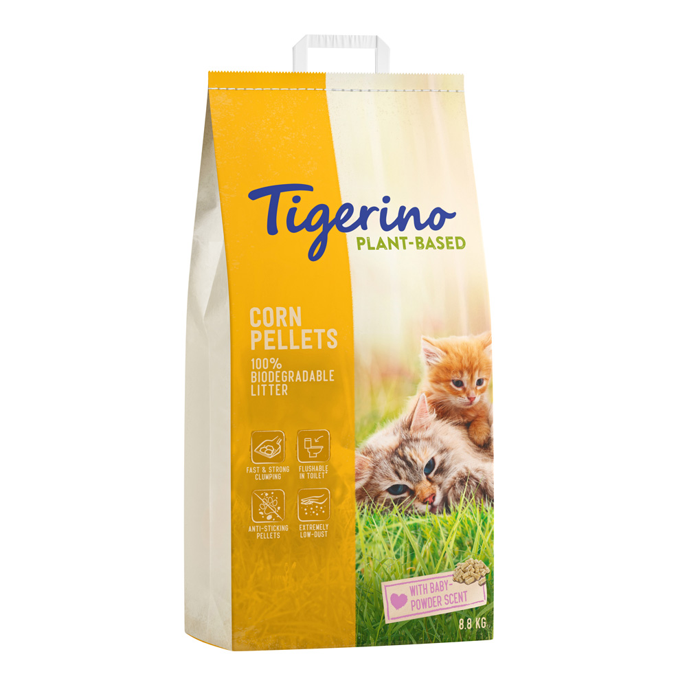 Tigerino Plant-Based kukuřičný kočkolit - vůně dětského pudru - výhodné balení 2 x 14 litrů